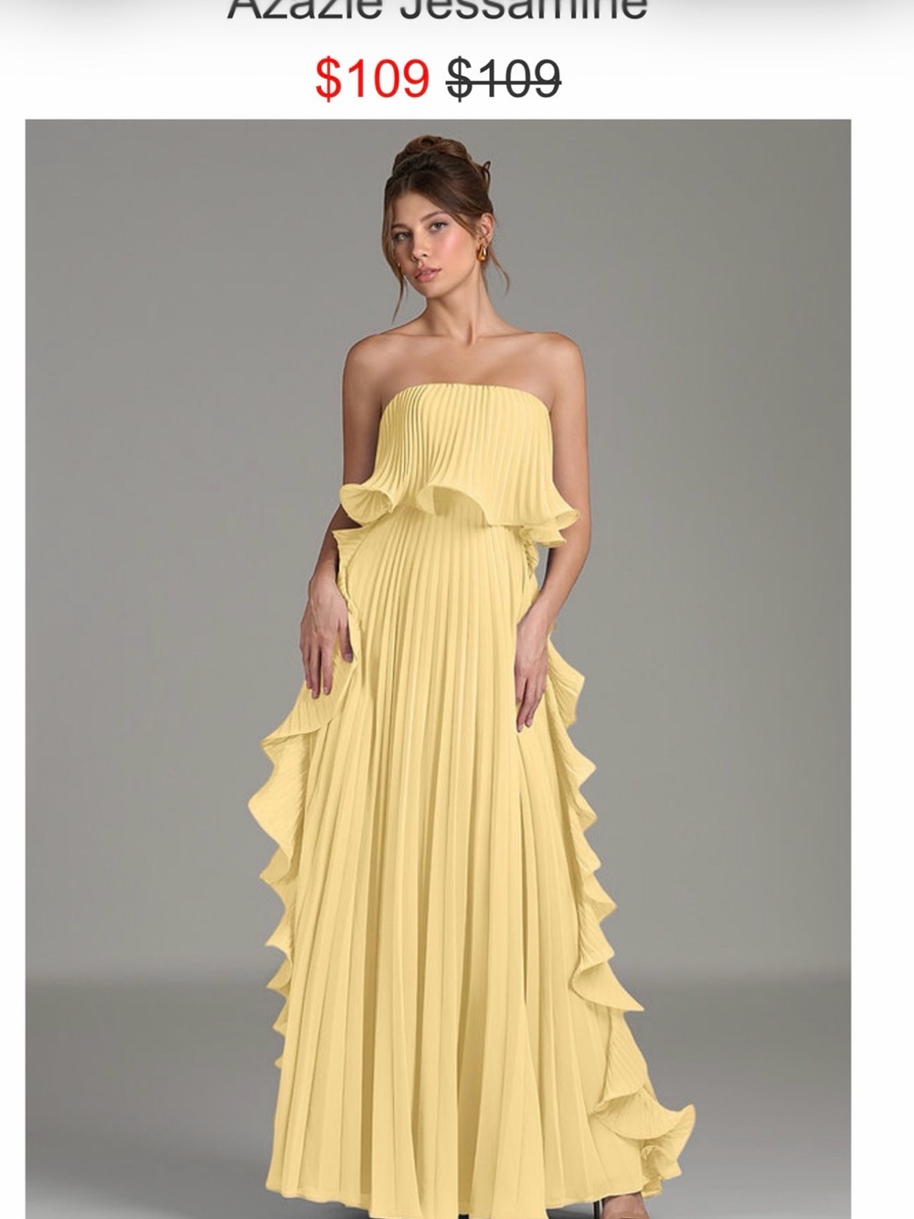 Azazie Strapless Pleated Ruffle Gown in Pale Yellow